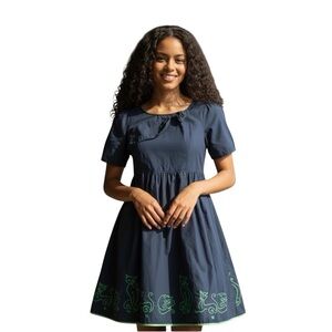 Eshakti Custom Made Midi Dress Embroidered Cats Navy Drop Waist Cotton Poplin 2X